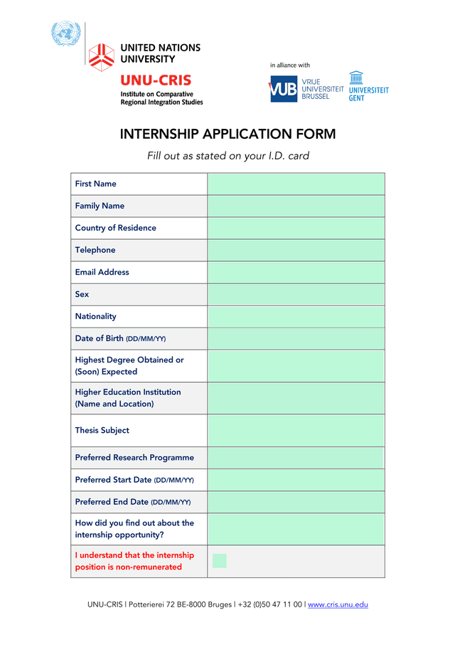 Internship Application Form screenshot