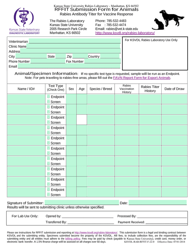 RFFIT Submission Form For Animals screenshot