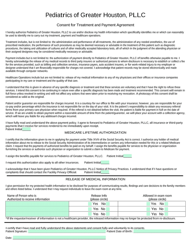 Consent For Treatment And Payment Agreement screenshot