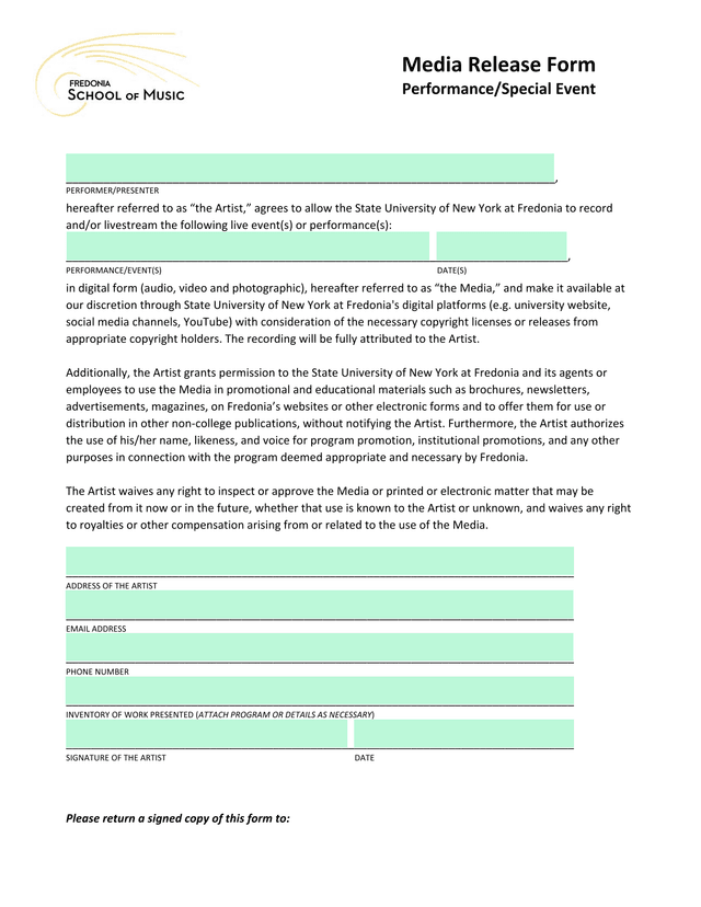Media Recording And Performance Release Form screenshot