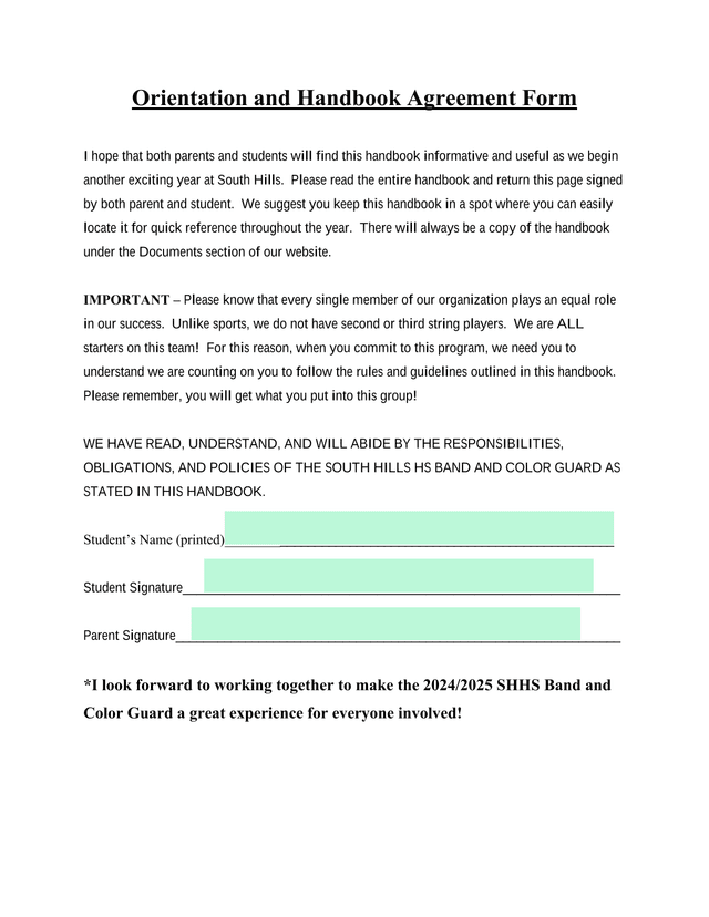 Orientation And Handbook Agreement Form screenshot