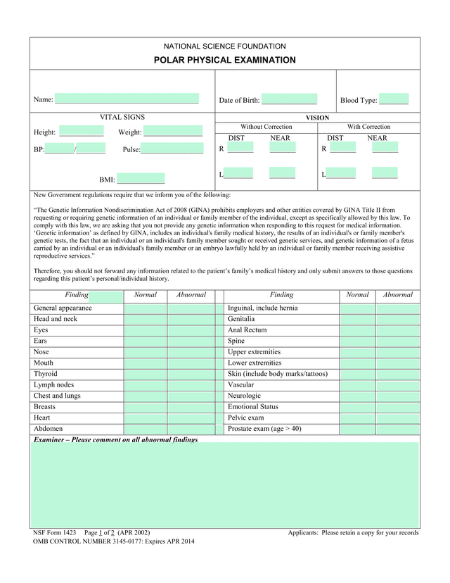 NATIONAL SCIENCE FOUNDATION POLAR PHYSICAL EXAMINATION screenshot