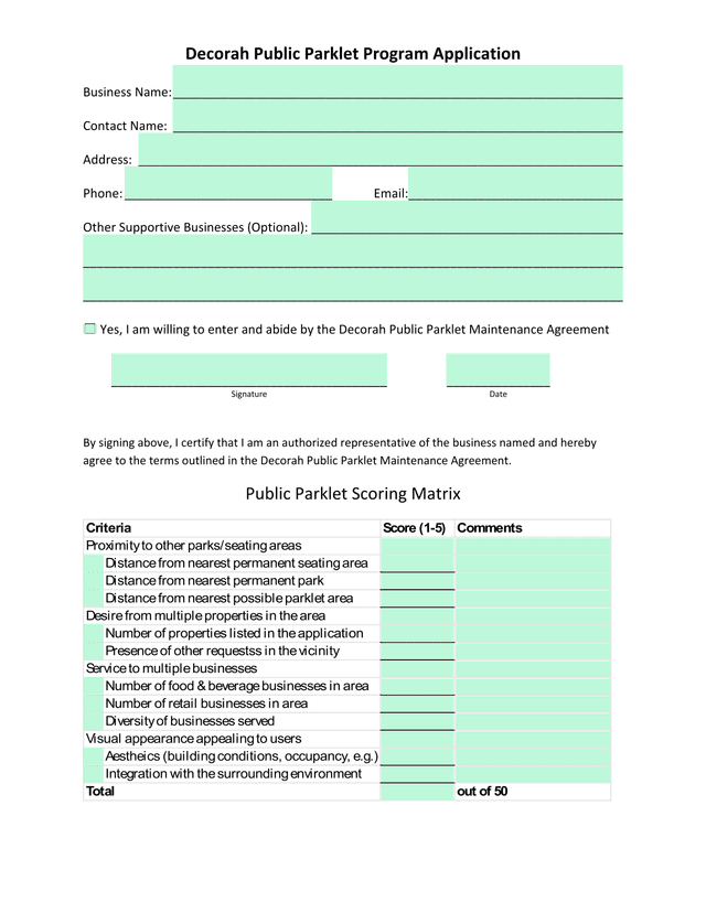 Decorah Public Parklet Program Application screenshot