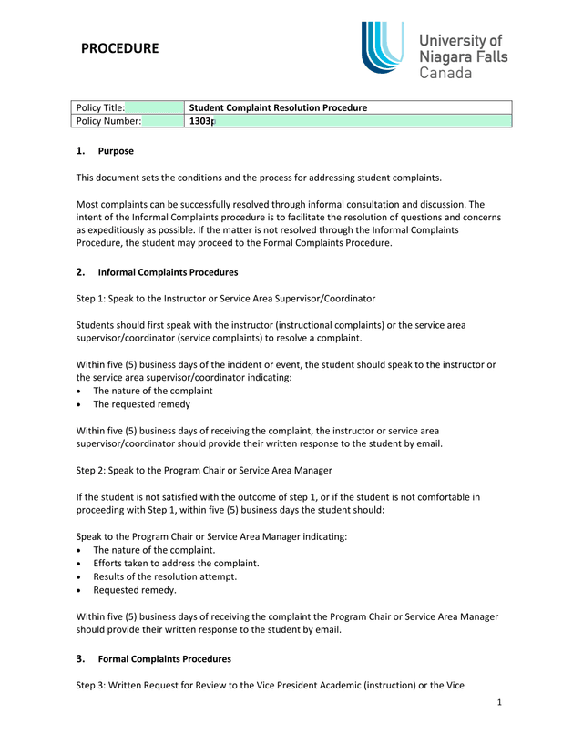 Student Complaint Resolution Procedure screenshot