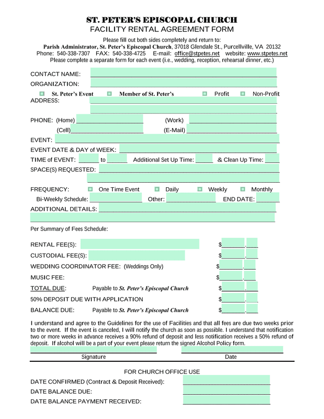 St. PeterS Episcopal Church Facility Rental Agreement Form screenshot