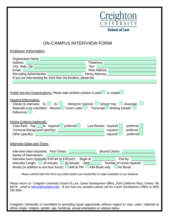 ON CAMPUS INTERVIEW FORM screenshot