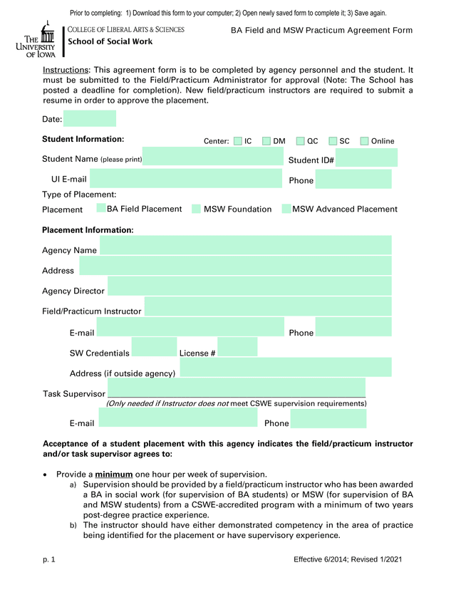 BA Field And MSW Practicum Agreement Form screenshot
