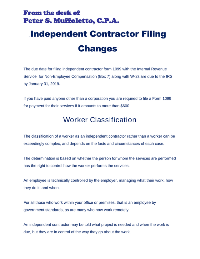 Independent Contractor Filing Changes screenshot