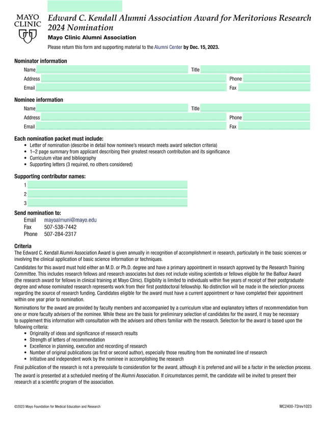 Edward C. Kendall Alumni Association Award For Meritorious Research 2024 Nomination screenshot