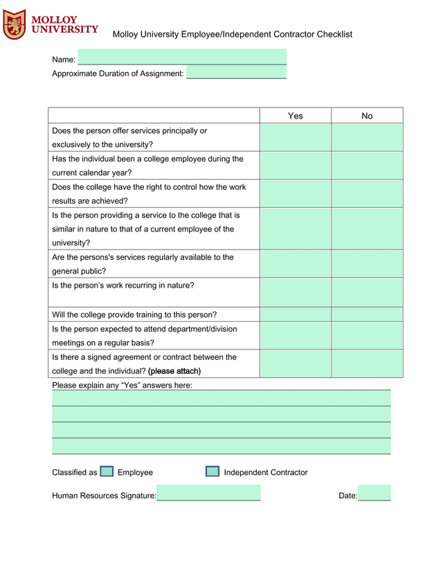 Molloy University EmployeeIndependent Contractor Checklist screenshot