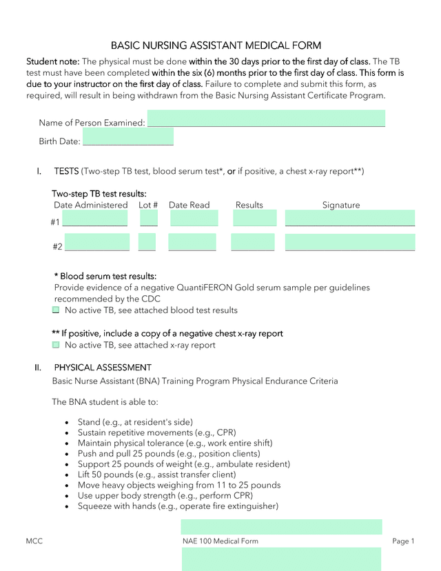 MCC NAE 100 Medical Form screenshot