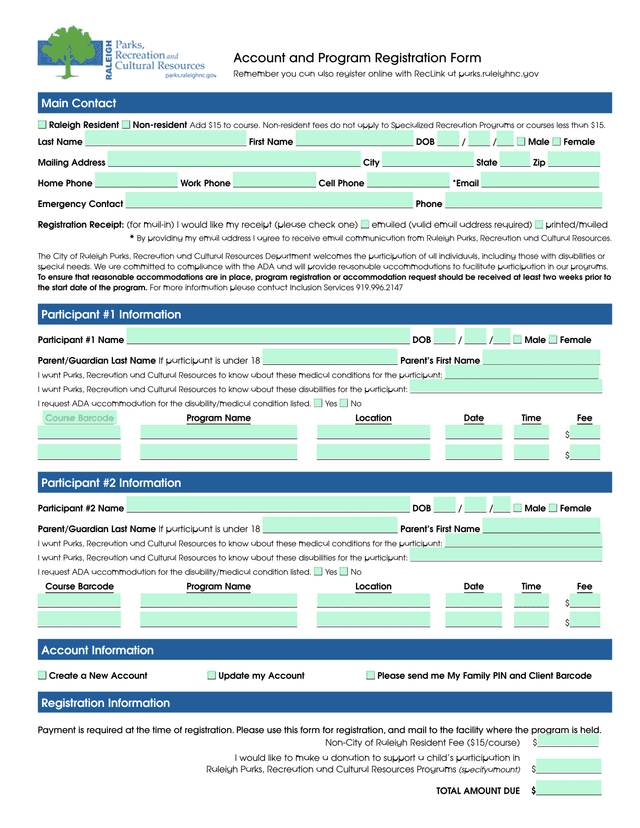 City Of Raleigh Parks, Recreation And Cultural Resources Program Registration Form screenshot