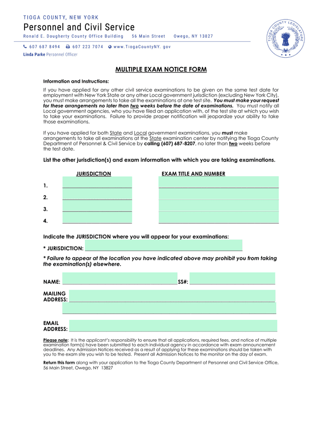 Multiple Exam Notice Form screenshot