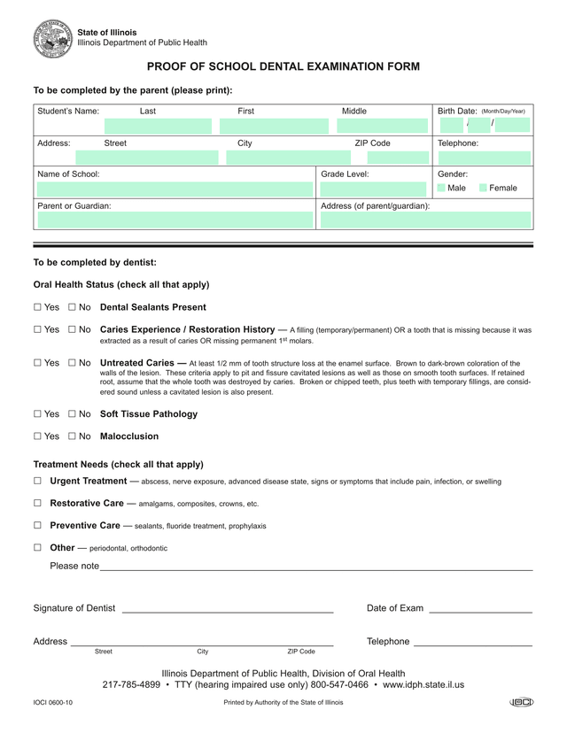 Proof Of School Dental Examination Form screenshot