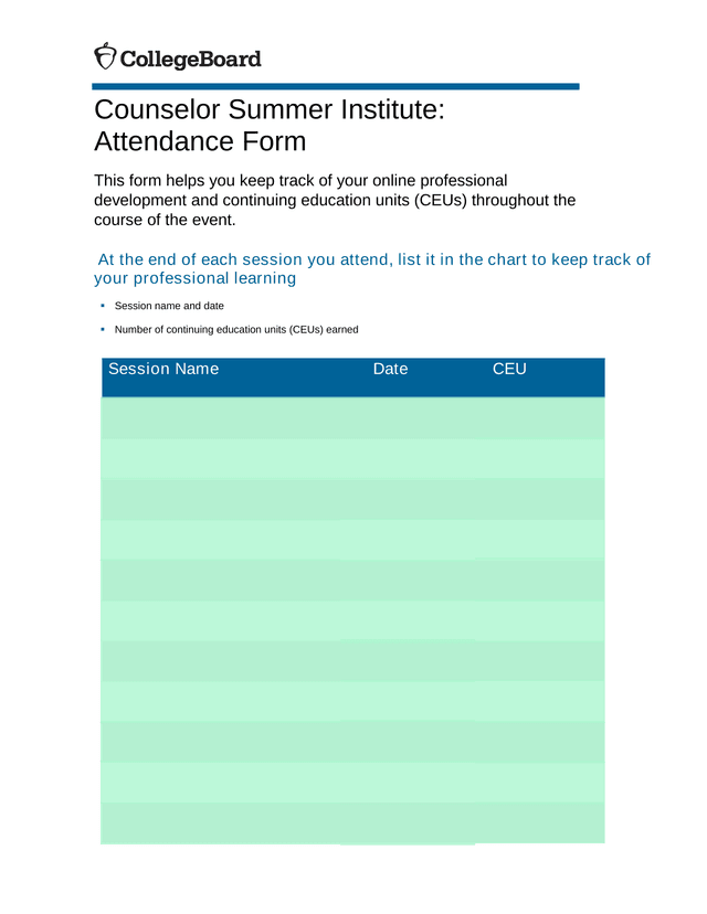 Counselor Summer Institute Attendance Form screenshot