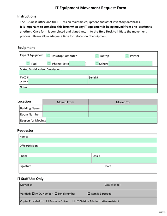 IT Equipment Movement Request Form screenshot