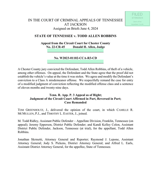 State Of Tennessee V. Todd Allen Robbins Court Opinion screenshot