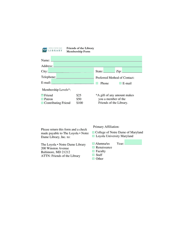 Friends Of The Library Membership Form screenshot