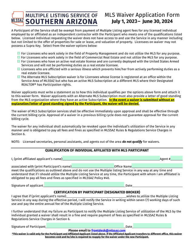 MLS Waiver Application Form screenshot