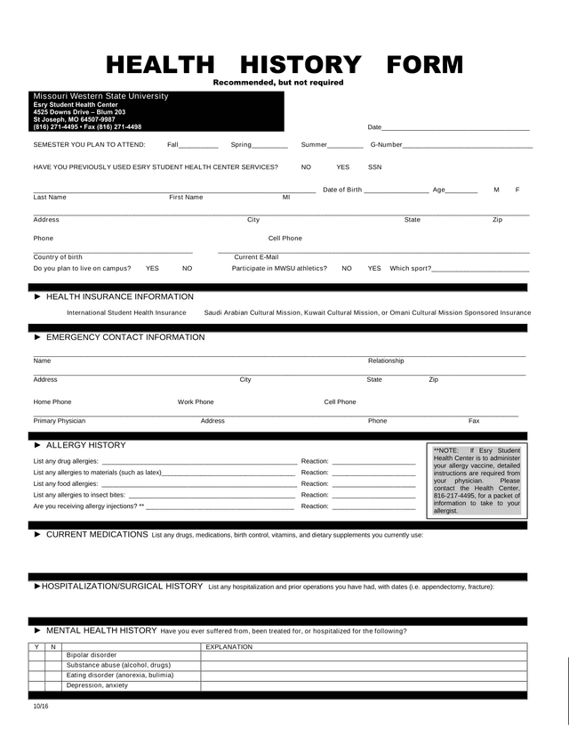 Health History Form screenshot