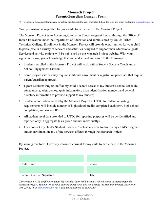 Monarch Project ParentGuardian Consent Form screenshot