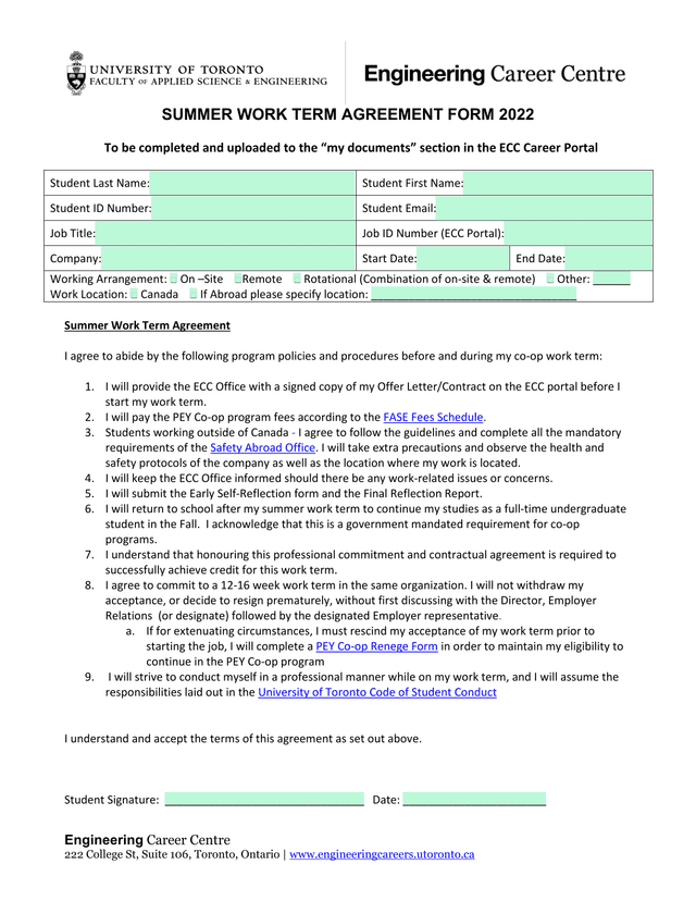 Summer Work Term Agreement Form 2022 screenshot