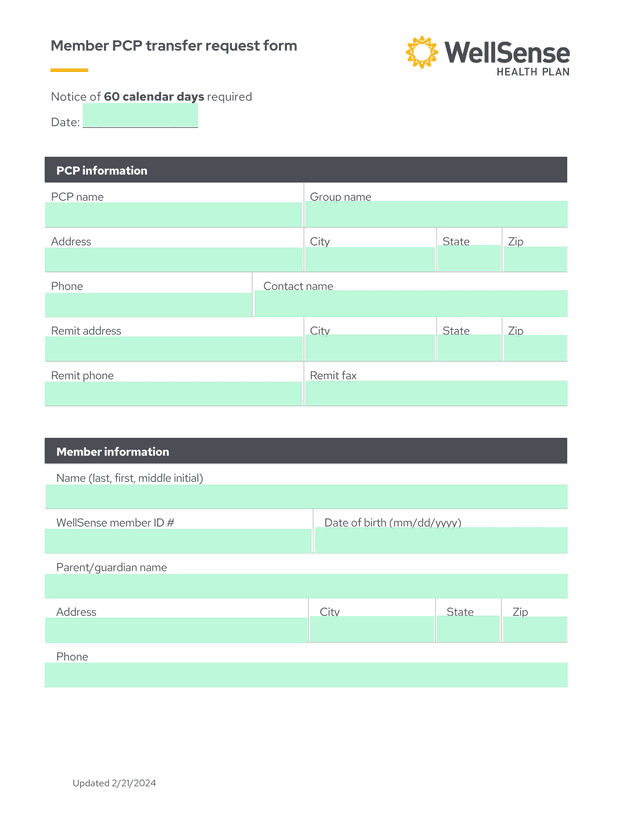Member PCP Transfer Request Form screenshot