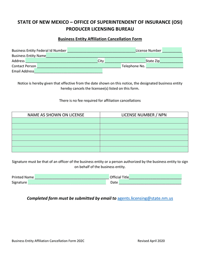 Business Entity Affiliation Cancellation Form 202C screenshot