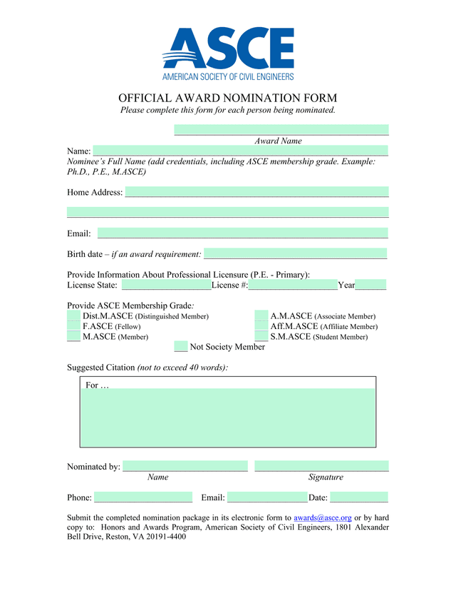 OFFICIAL AWARD NOMINATION FORM screenshot