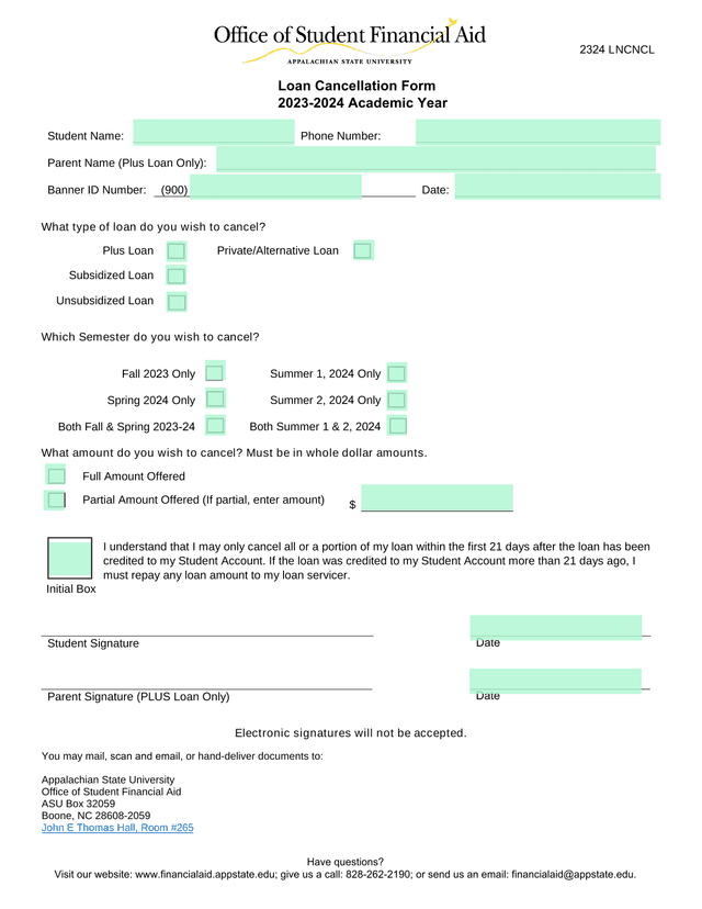 Loan Cancellation Form screenshot
