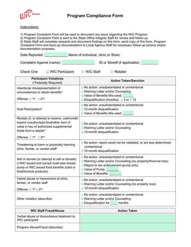 Program Compliance Form screenshot
