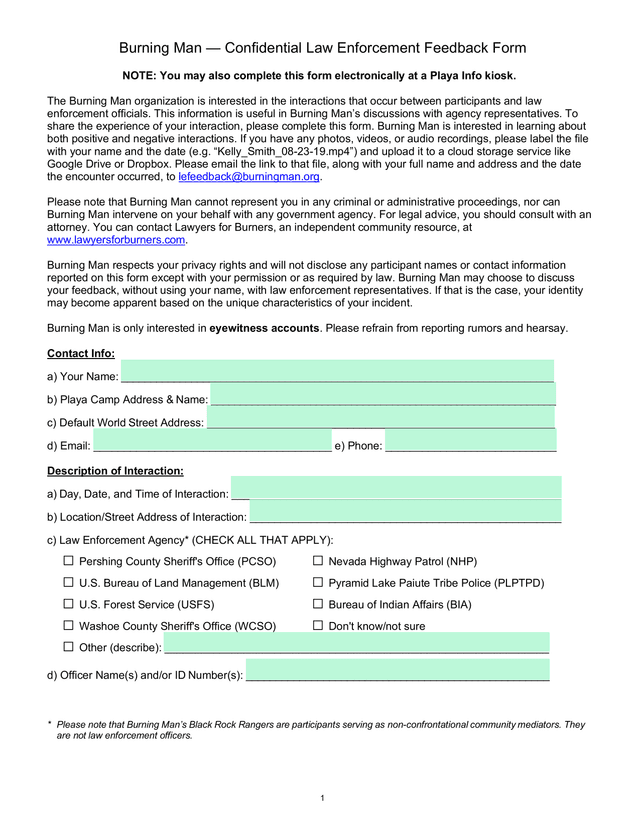 Burning Man  Confidential Law Enforcement Feedback Form screenshot