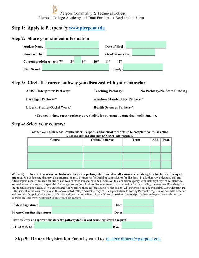 Pierpont College Academy And Dual Enrollment Registration Form screenshot