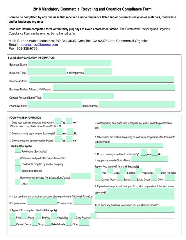 2018 Mandatory Commercial Recycling And Organics Compliance Form screenshot