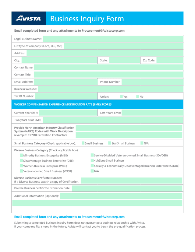 Business Inquiry Form screenshot