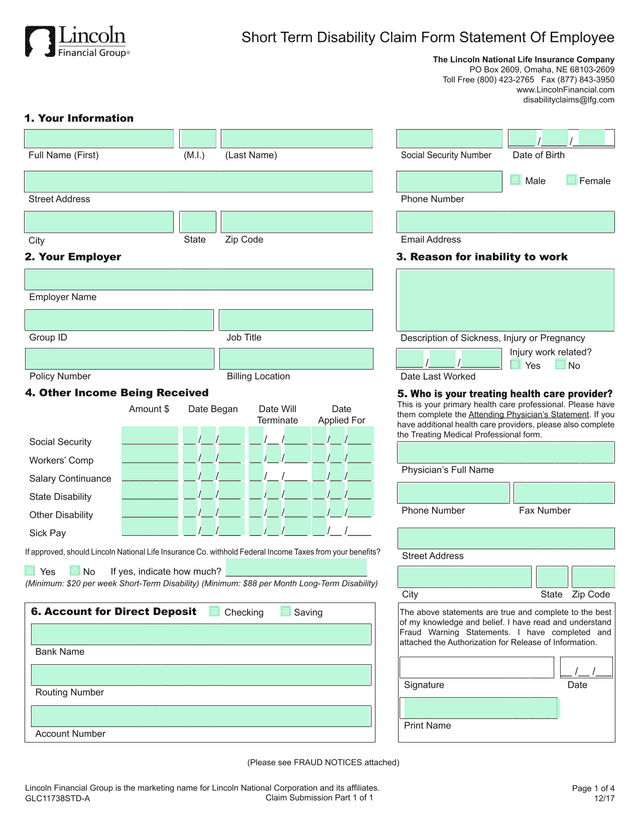 Short Term Disability Claim Form Statement Of Employee screenshot