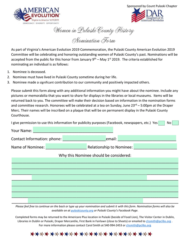Women In Pulaski County History Nomination Form screenshot
