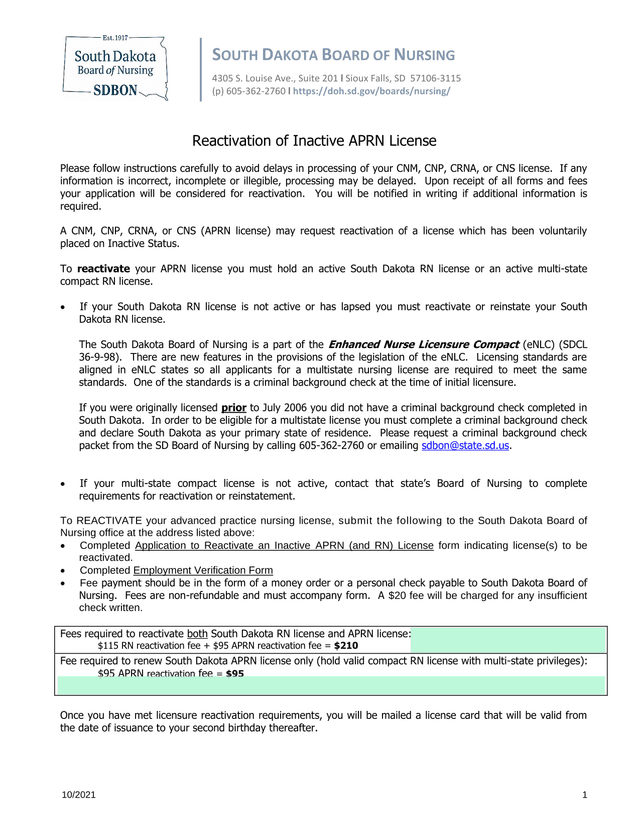 Reactivation Of Inactive APRN License screenshot