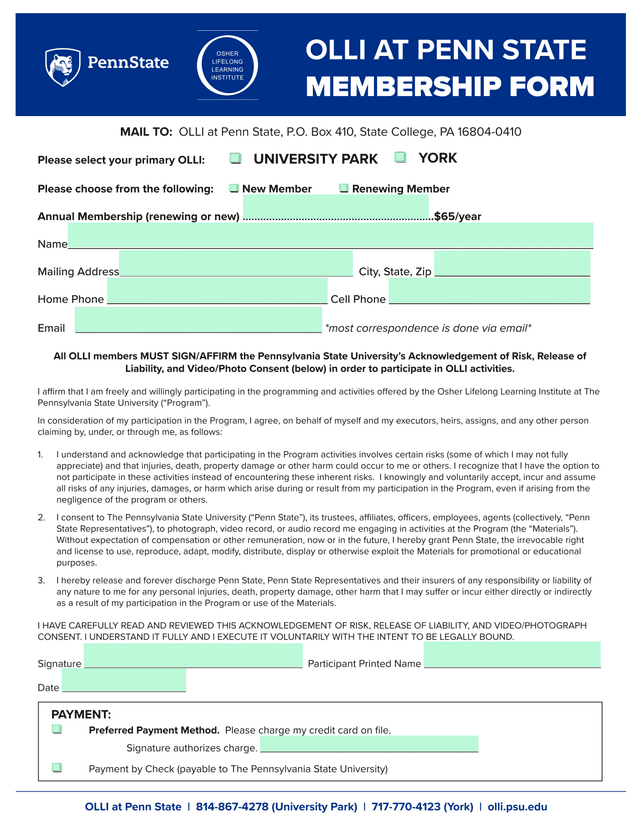 OLLI At Penn State Membership Form screenshot