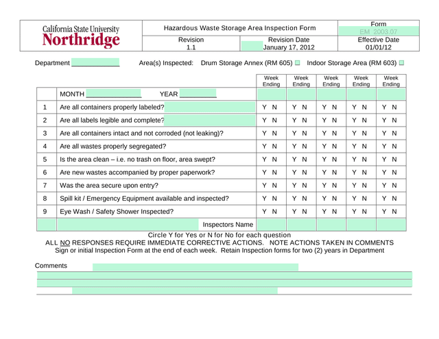 Hazardous Waste Storage Area Inspection Form screenshot