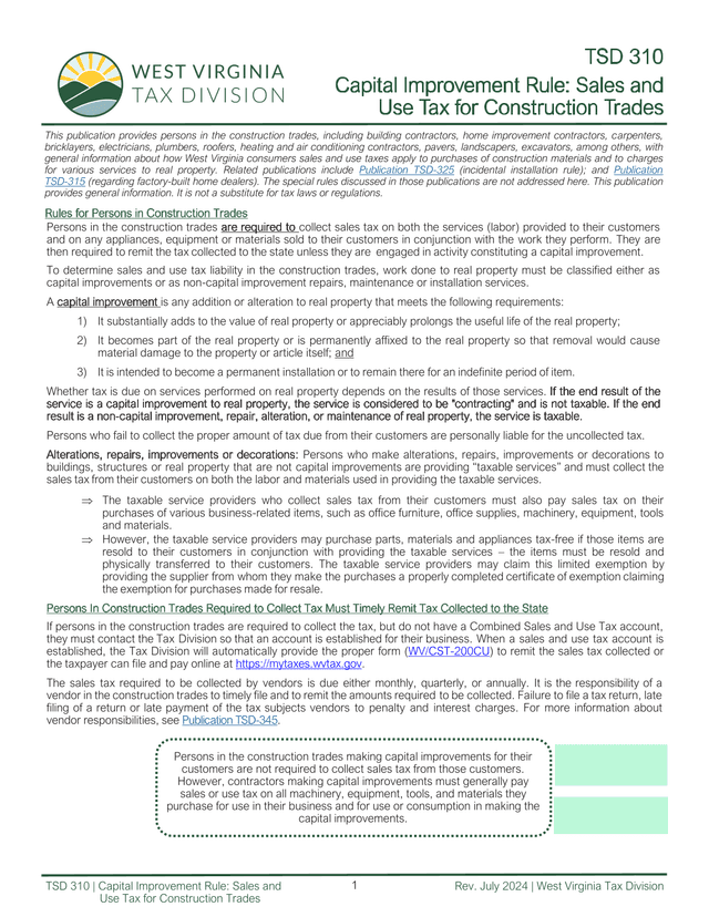 TSD 310 Capital Improvement Rule Sales And Use Tax For Construction Trades screenshot