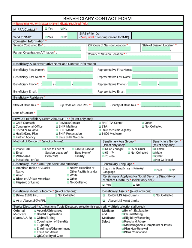 BENEFICIARY CONTACT FORM screenshot