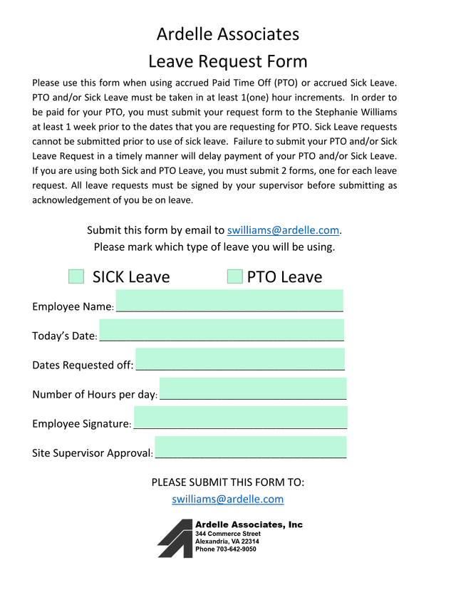 Ardelle Associates Leave Request Form screenshot