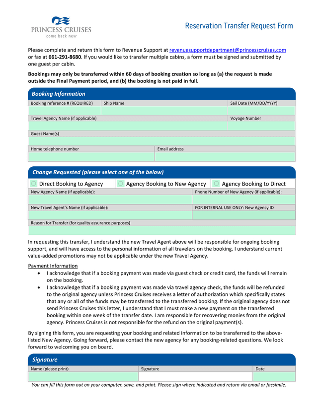 Reservation Transfer Request Form screenshot
