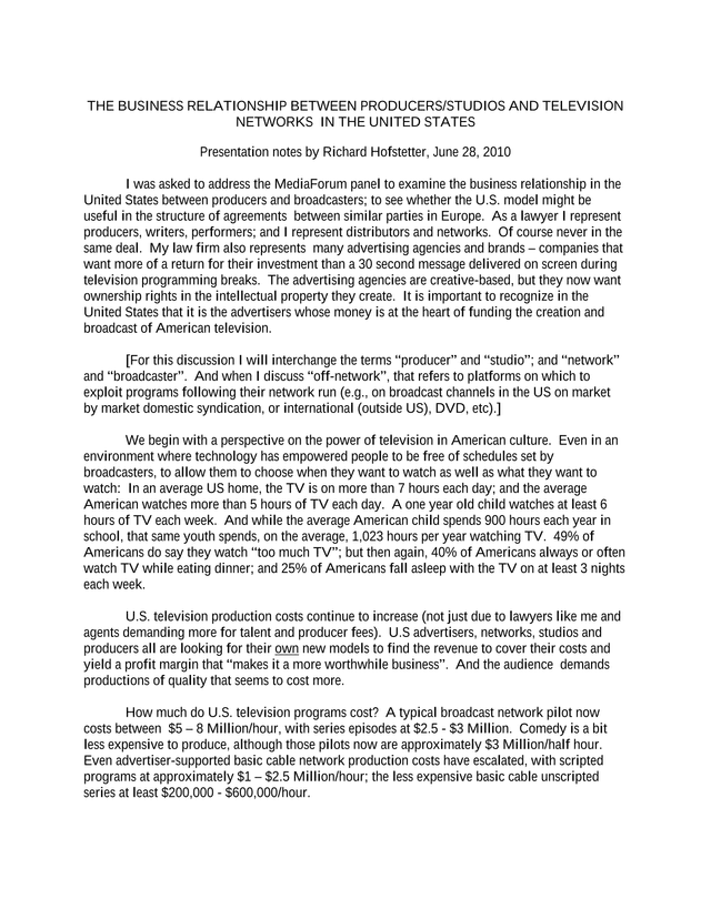 The Business Relationship Between ProducersStudios And Television Networks In The United States screenshot
