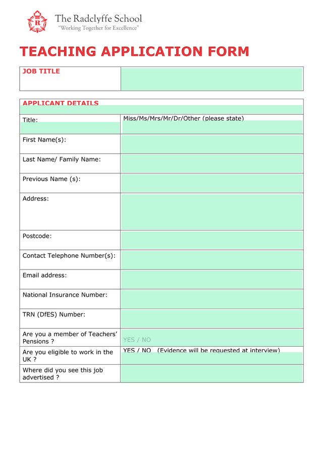 TEACHING APPLICATION FORM screenshot