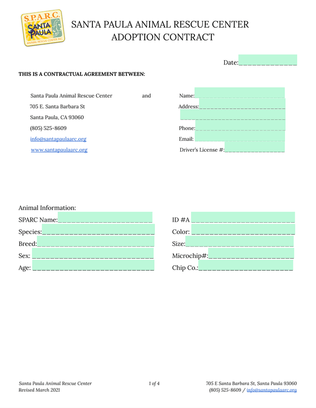 Santa Paula Animal Rescue Center Adoption Contract screenshot