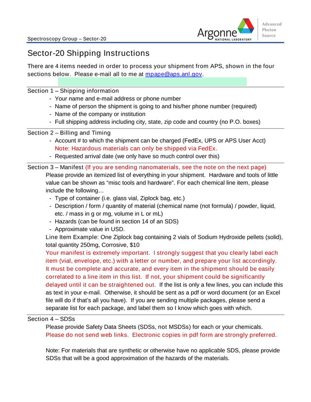 Sector 20 Shipping Instructions screenshot