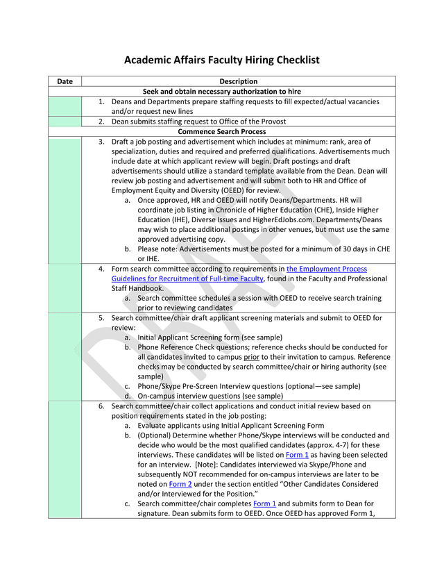 Academic Affairs Faculty Hiring Checklist screenshot
