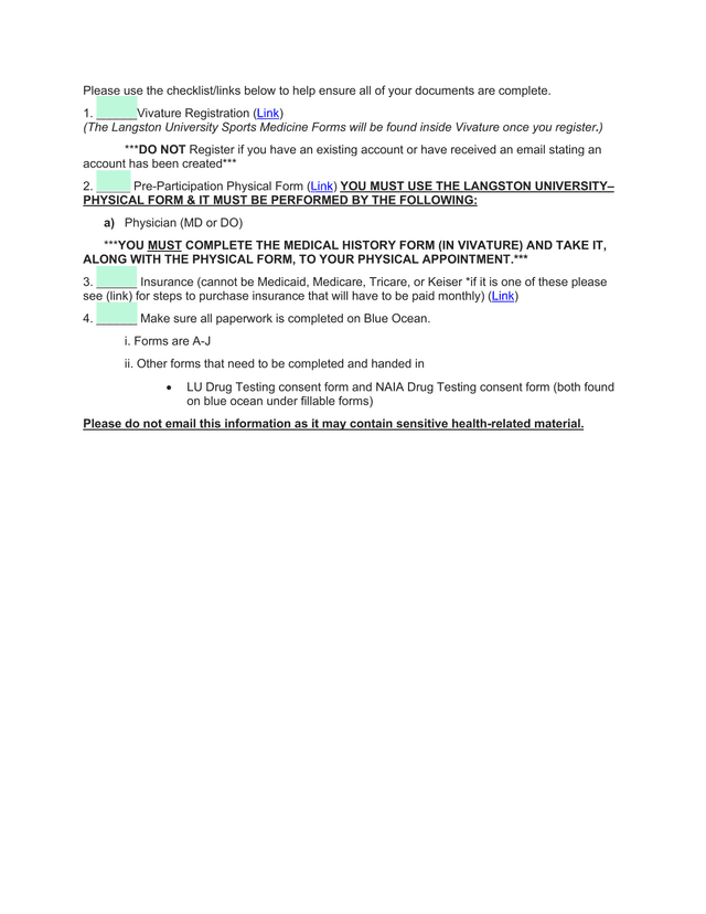 Langston University Sports Medicine Registration Checklist screenshot